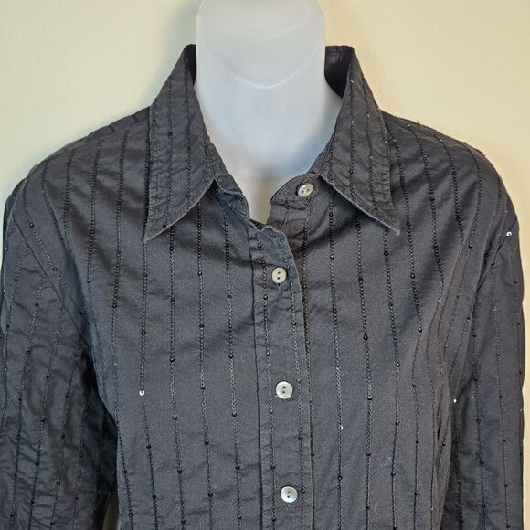 Lafayette 148 New York Blouse Women 14 Black Sequins Embroidered Striped FLAWED - Picture 5 of 16
